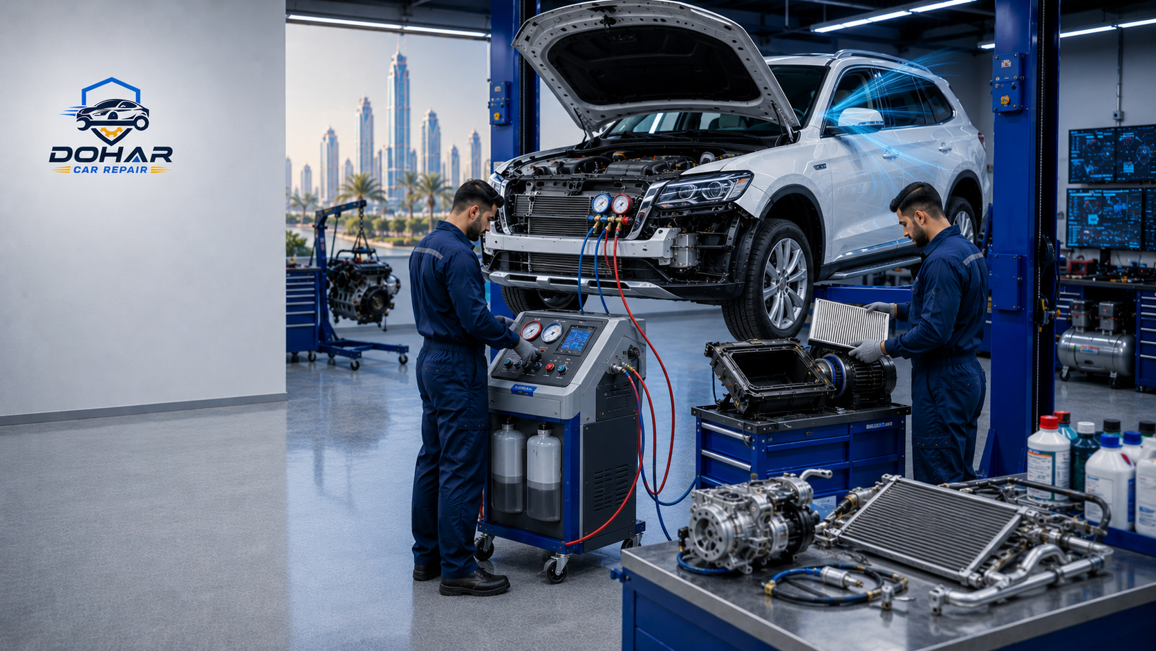 Mechanic checking car AC system components
