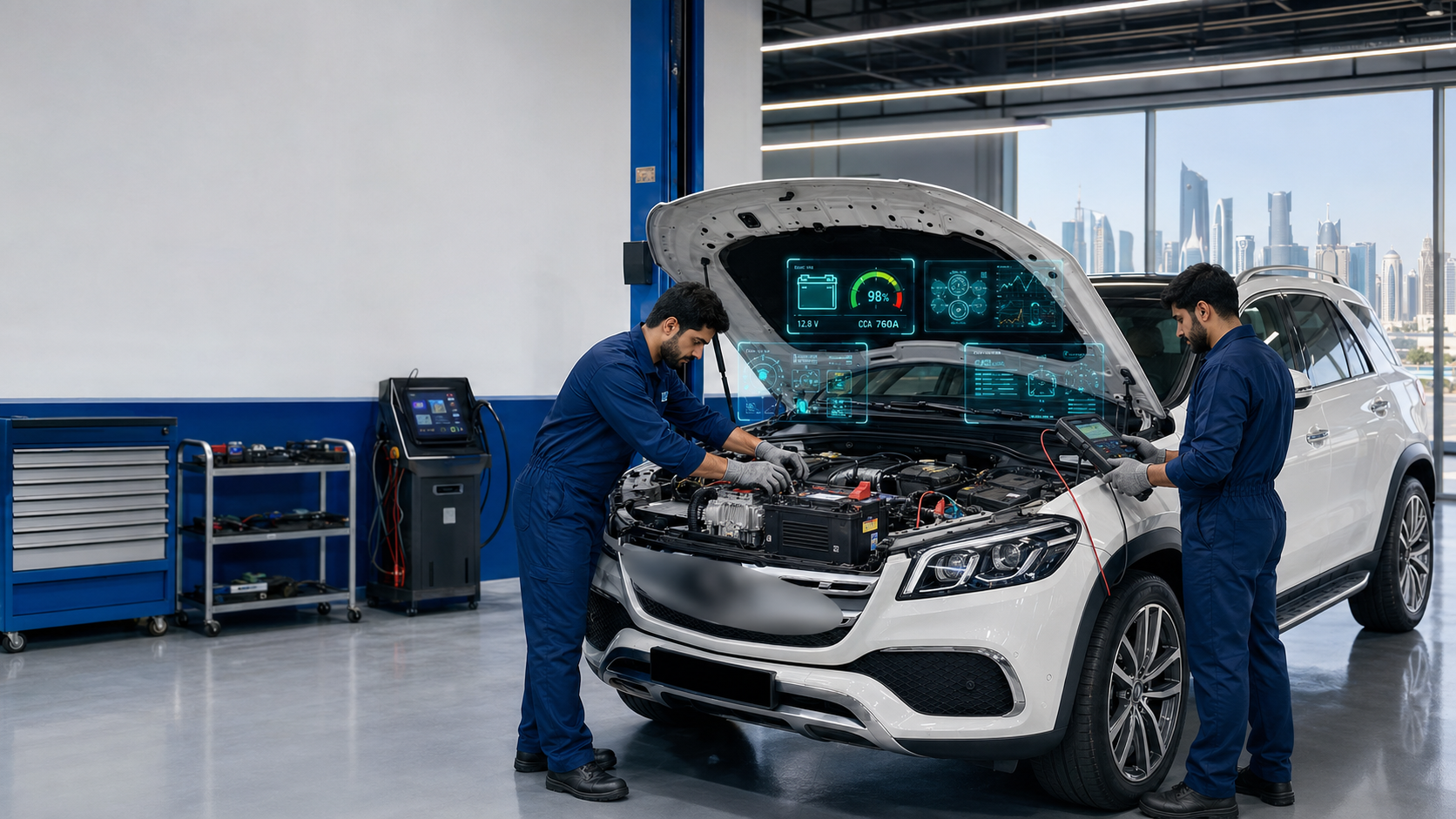 Car battery testing and installation at Dohar Car Repair workshop in Doha