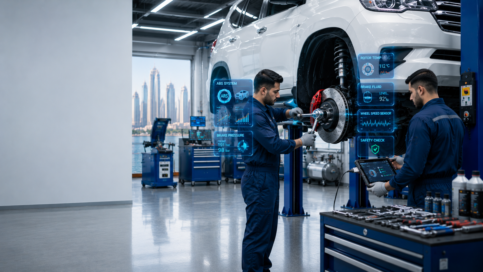 Mechanic inspecting brake pads and rotors in Qatar