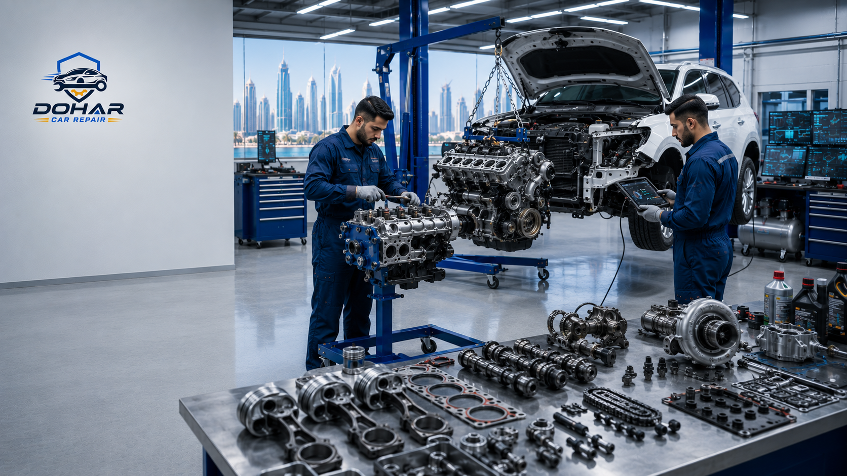 Mechanic performing engine overhaul in Doha workshop