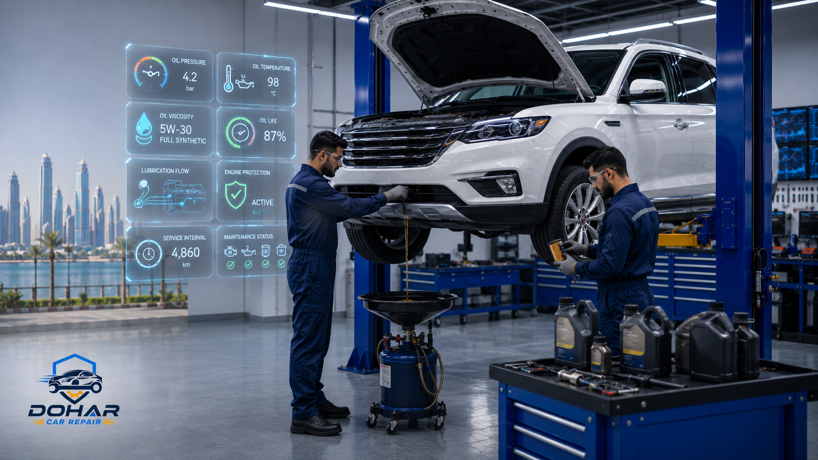 Engine oil change service at Dohar Car Repair in Doha