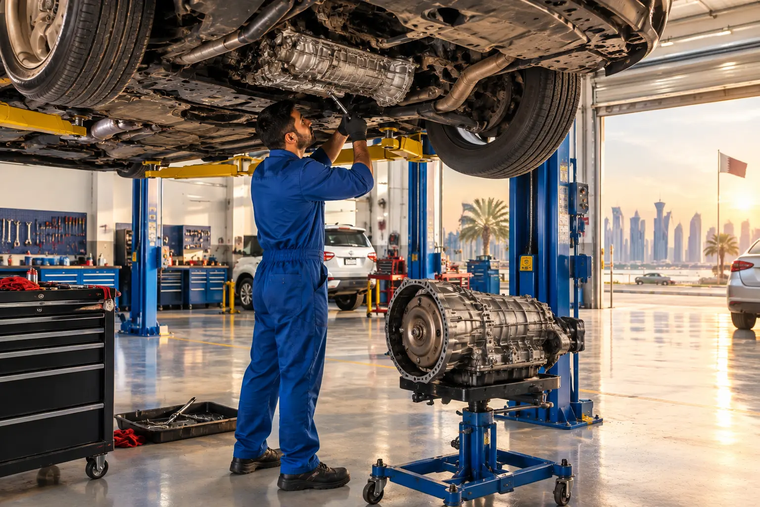 Transmission repair Doha Qatar mechanic inspecting gearbox